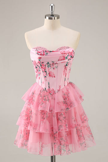 Floral A Line Strapless Corset Tiered Pink Homecoming Dress